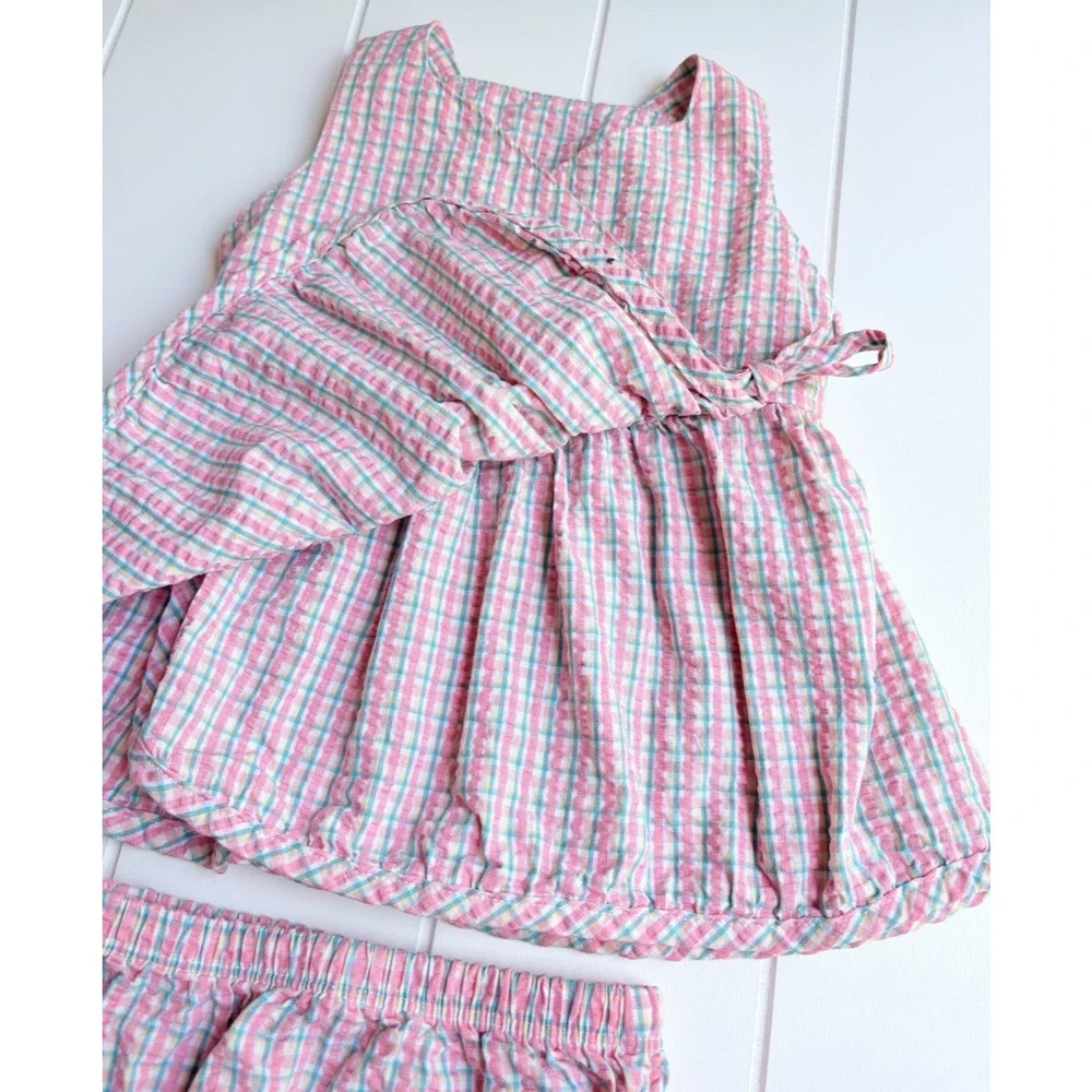 OshKosh B'Gosh 3-6 Months Seersucker Plaid Dress Top‎ Bloomer Set Flower Pink